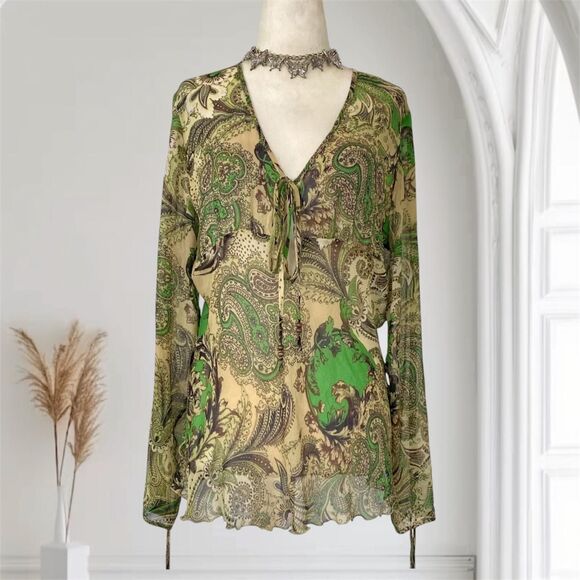 Early 2000's Fairy Grunge Whimsical Silk Green Brown Paisley Flowy Blouse Top L - Picture 1 of 7